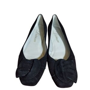 Delman Black Suede Ballet Flats Square Toe Bow Detail Women's